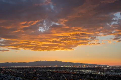 High angle sunset view of the famous Las Vegas Strip and cityscape Stock Photos