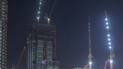 High angle Tall skyscraper construction timelapse night Business Bay footage Stock Footage 337945687