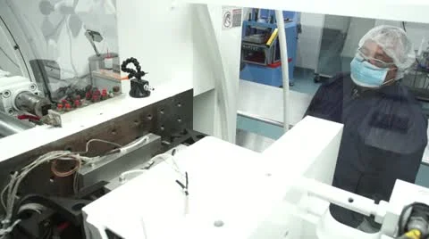 High Angle Technician Opens Machine in Cleanroom Stock Footage