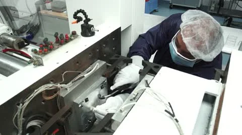 High angle of Technician spraying in Machine in Cleanroom Stock Footage 10895844