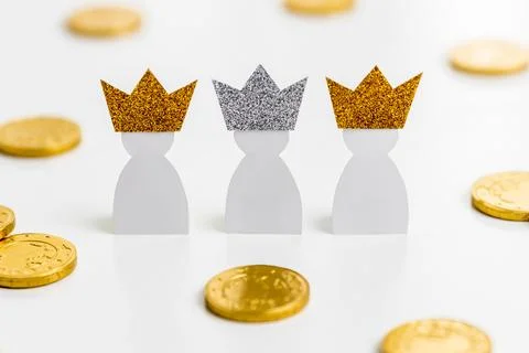 High angle three silver crowns epiphany day with copy space Stockfoto's