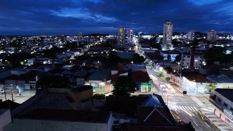High-angle, time lapse of a medium-sized Brazilian city at dusk Stock Footage 330306612