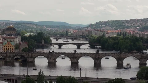 High angle Time-Lapse of Prague during the summer Legion Bridge, Mnes Bridge Stock Footage 85433891