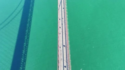 A high-angle, top-down drone shot looking directly down at the iconic red 스톡 동영상 337824848