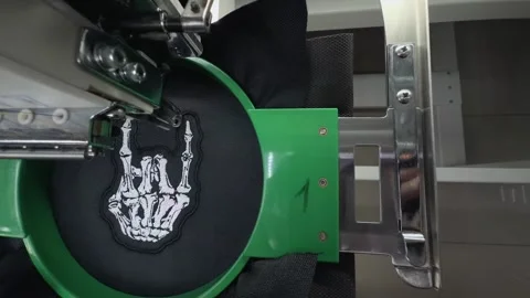 High Angle Top Down View Industrial Embroidery Machine Stitching White Skel.. 스톡 동영상 332205670