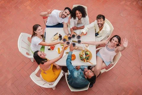 High angle top view of a group of best friends toasting wine glasses smiling and Stock Photos