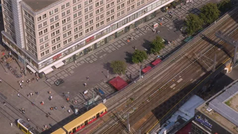 High angle of tram line and people walking down the street in Berlin, Germany Stock-Footage 282560254