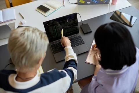 High angle of two young classmates discussing coded data on laptop screen Foto stock