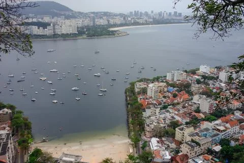 High angle of Urca beach and buildings on Guanabara bay in Rio de Janeiro Stock Photos