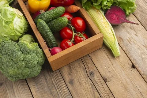 High angle vegetables on wooden table Stock Photos