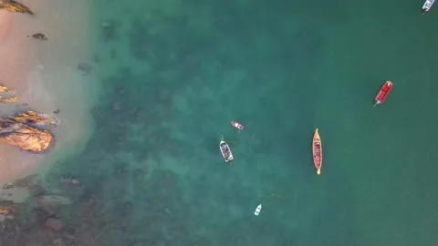 High angle  veiw of rowing boats on sea by drone Video stock 149054249