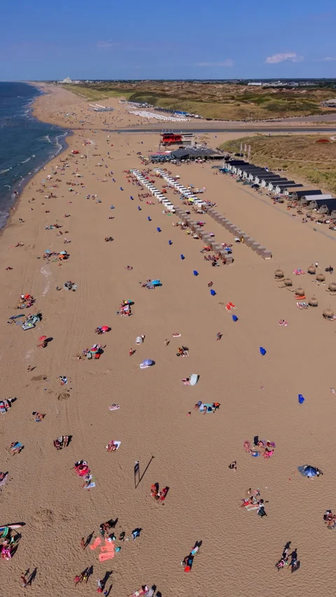 High angle vertical aerial drone video clip of sandy beach with beachgoers Stock Footage 342635771