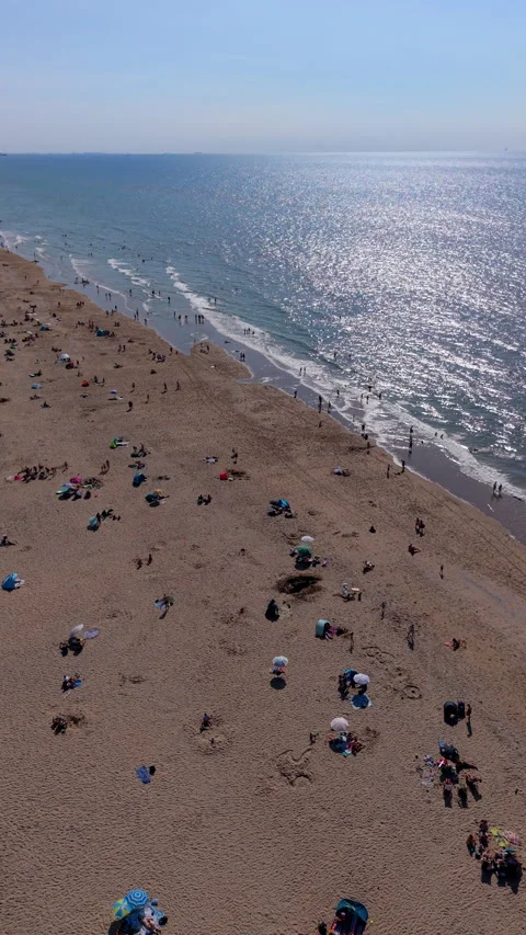 High angle vertical aerial drone video clip of sandy beach with beachgoers Stock Footage 342636825