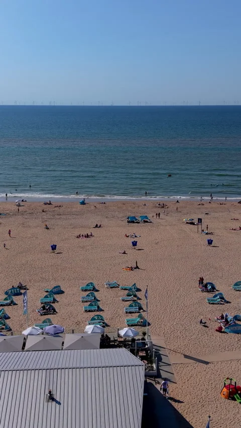 High angle vertical aerial drone video clip of sandy beach, beach pavilion Vídeos de archivo 343141211