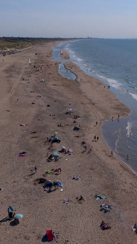 High angle vertical aerial drone video clip of sandy beach, beachgoers sun Vídeos de archivo 343142845