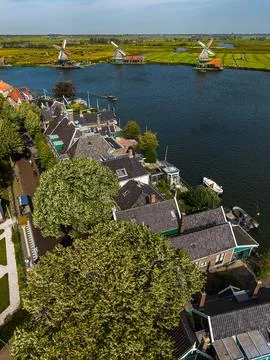 High angle vertical aerial drone photograph of Lagedijk waterfront houses Stock Photos