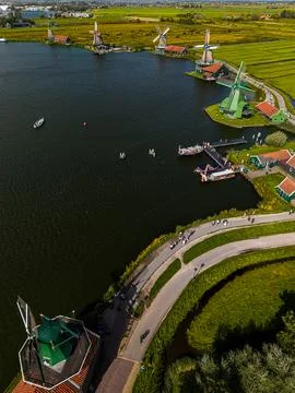 High angle vertical aerial drone photograph of Zaanse Schans historic windmills Stock Photos