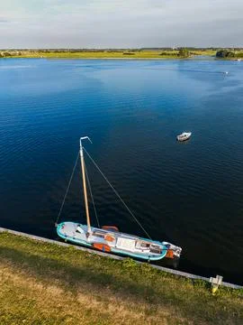 High angle vertical aerial drone photograph of traditional Dutch wooden Stock Photos