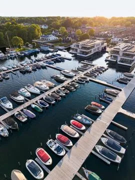 High angle vertical aerial drone photograph of marina berths, wooden Stock Photos