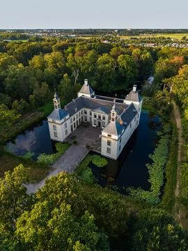 High angle vertical aerial drone photograph of Kasteel Oud Poelgeest, moat Stock Photos