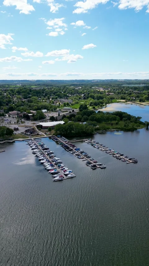 High Angle Vertical Aerial of Port Perry Marina and Lakeshore Stock Footage 330848975