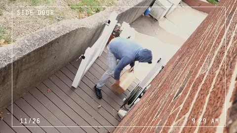 High Angle Video Feed with Camera Overlays of Thief Stealing Package Stock Footage