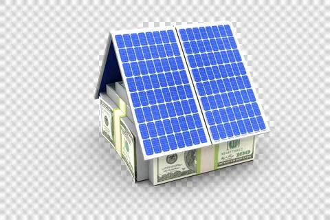 High angle view of 3d house made from US paper currency and solar panels Stock Illustration