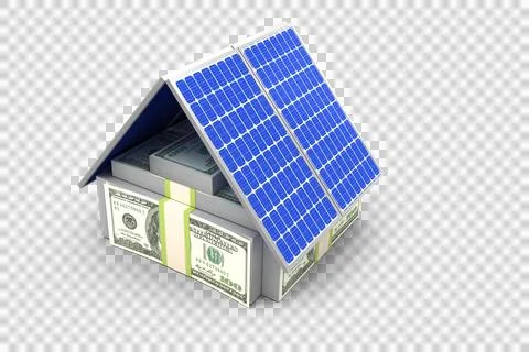 High angle view of 3d house made from US paper currency and solar panels Stock Illustration