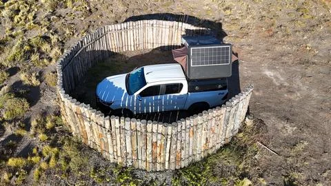 High angle view of a 4x4 vehicle with roof top tent and solar panel, sustai.. Stock Photos