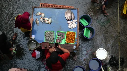 High Angle view of activity at fresh fish market in the morning Stock Footage 274640363