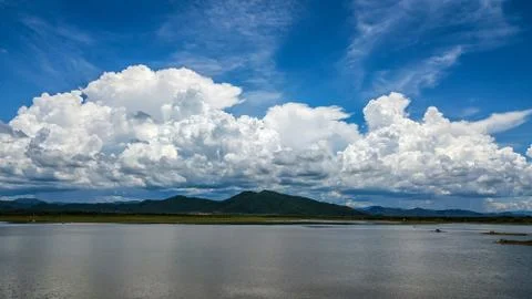 High angle view Aerial view of reservoir Dam with Beautiful sky , Thailand Stock Photos