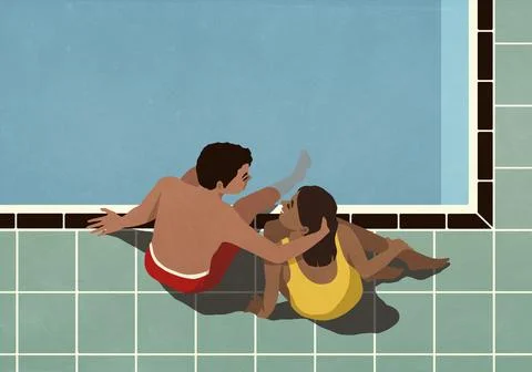 High angle view affectionate couple relaxing at summer poolside Ilustração Stock