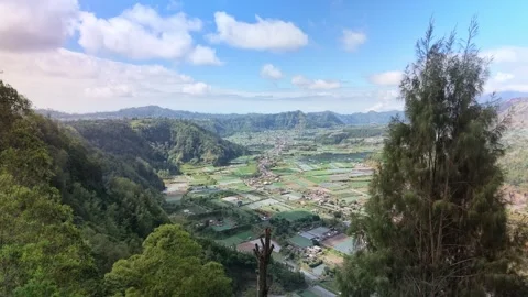 High Angle View of Agricultural Valley and Rural Village Stock Footage 340594314