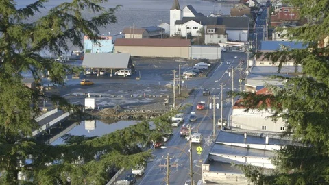 High angle view of Alaskan town in Ketchican Alaska Stock Footage 104867643