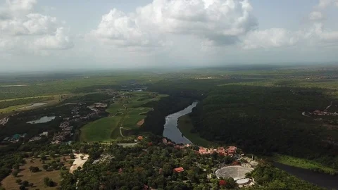 High angle view of Altos de Chavón  and Chavón River Stock Footage 113600761