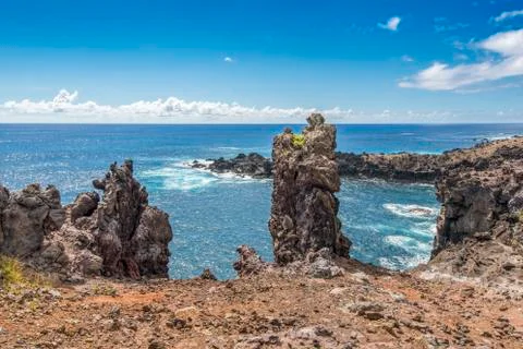High angle view of Ana Kai Tangata cave bay Stock Photos