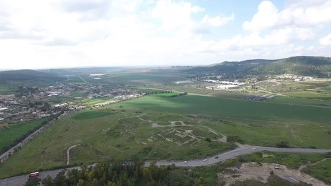 High angle view of ancient Beit Shemesh and fields of Elah Valley. DJI-0127-08 Stock Footage 123332613