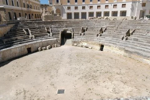 High angle view of the ancient roman amphitheatre located in piazza sant'oronzo Stock Photos
