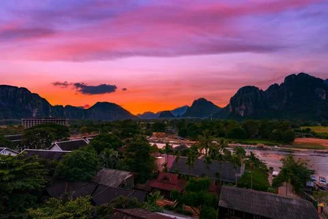 High Angle View and beautiful sunset at Vang Vieng, Laos. Stock Photos