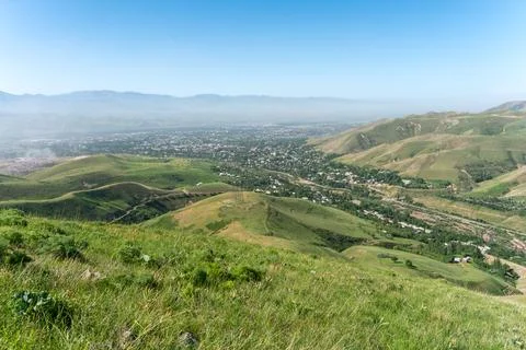 High angle view of Angren city, hills Stock Photos