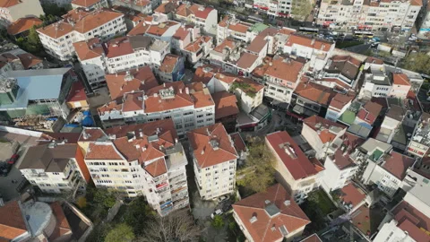 High angle view of apartment buildings with red roofs. Stock Footage 308054231
