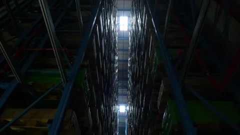 High angle view of automated warehouse racks and pallets in logistics center Stock Footage 328644890