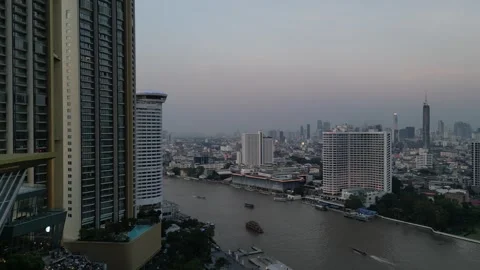 High Angle View of Bangkok, Thailand Cityscape and Chao Phraya River Stock Footage 334781885