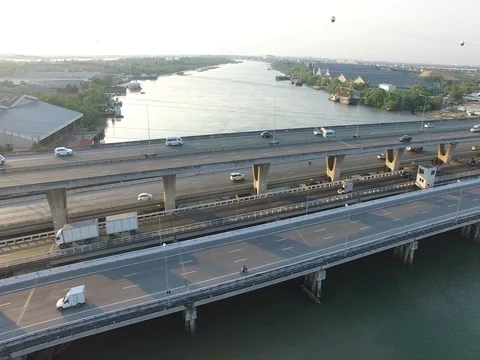 High angle view of Bangpakong Bridge, Thailand Stock Footage 73669842
