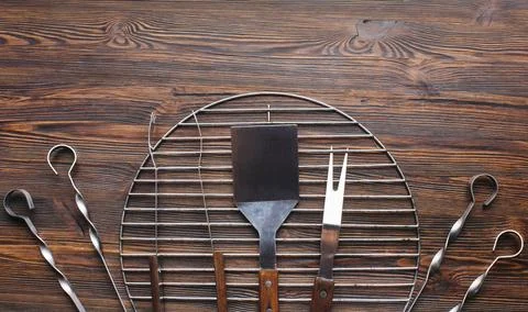 High angle view barbecue tools wooden desk Photos