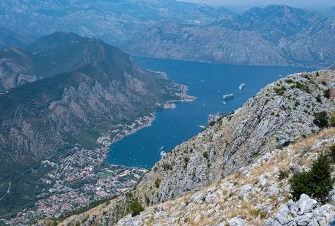 High-angle view of the Bay of Kotor, Montenegro, looking down Stock Photos