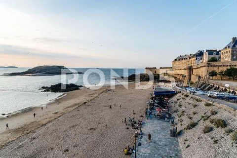 High angle view of the beach of Saint Malo Stock Photos