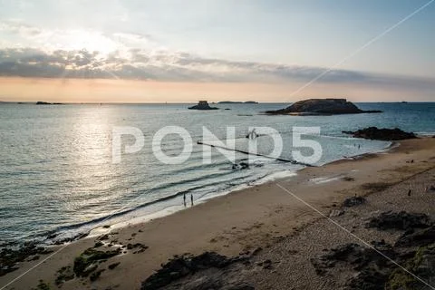 High angle view of the beach of Saint Malo Stock Photos