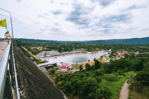 High angle view behind Khun Dan Prakan Chon Dam, with nature, mountains and b Stock Photos