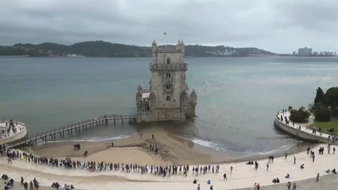 High-Angle View of Belem Tower on the Tagus River in Lisbon, Portugal Stock Footage 310615202